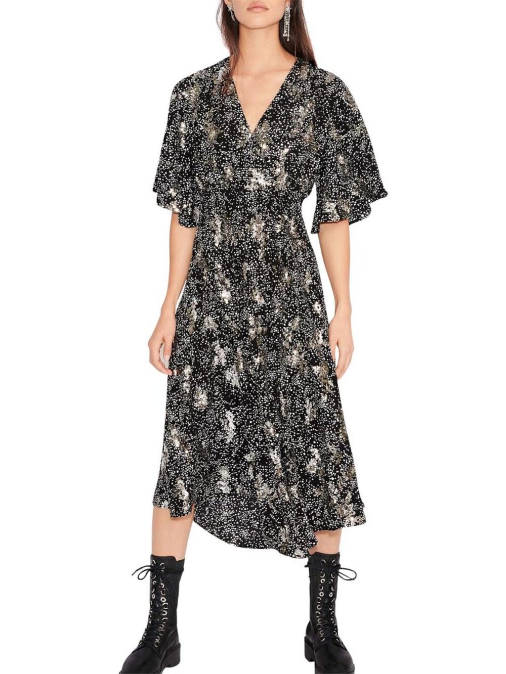 NWOT MAJE Rosabelle Midi Dress - 36/S - Black White Sequins Flutter Sleeves